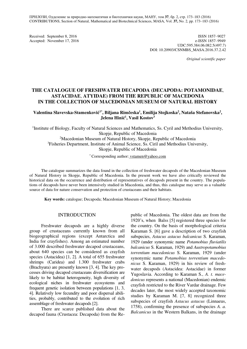 Pdf The Catalogue Of Freshwater Decapoda Decapoda Potamonidae Astacidae Atyidae From The Republic Of Macedonia In The Collection Of Macedonian Museum Of Natural History