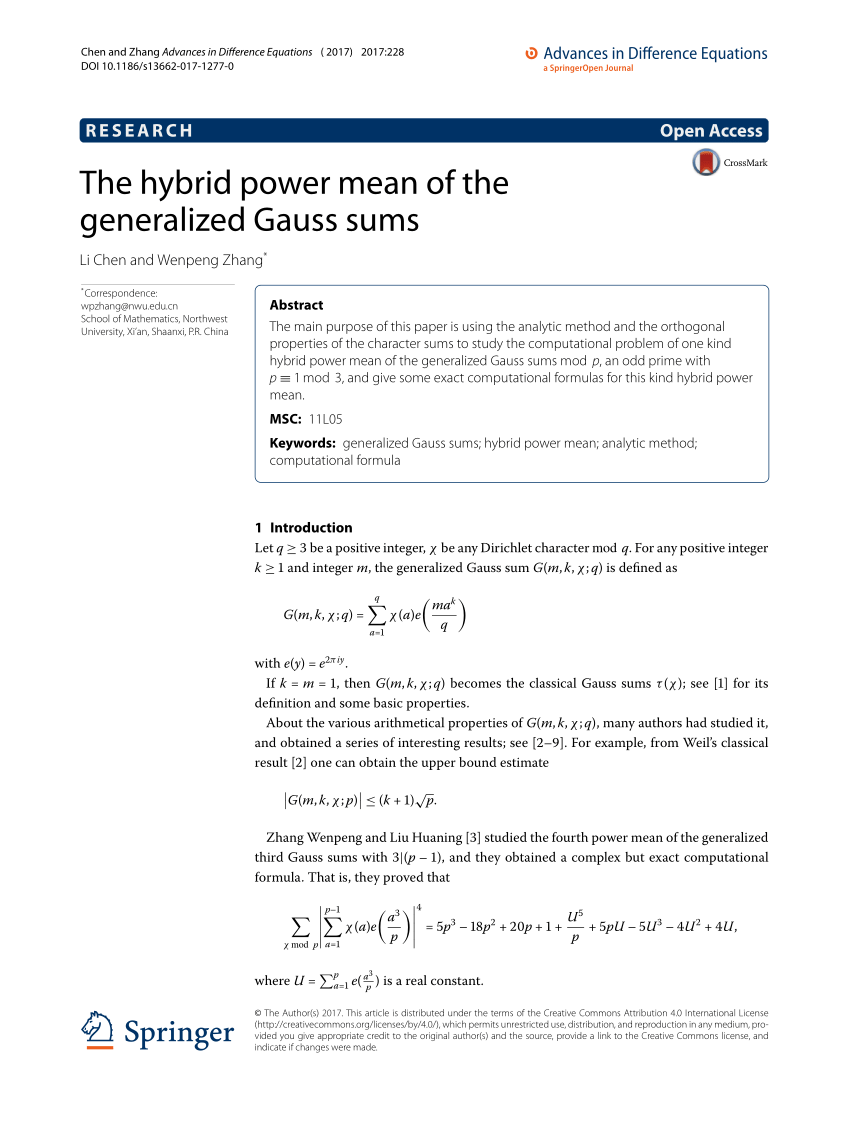 Pdf The Hybrid Power Mean Of The Generalized Gauss Sums