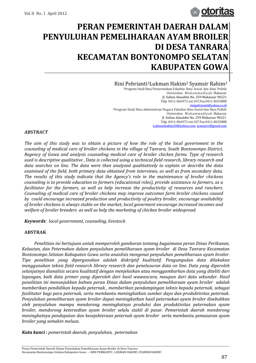 Pdf Peran Pemerintah Daerah Dalam Penyuluhan Pemeliharaan Ayam