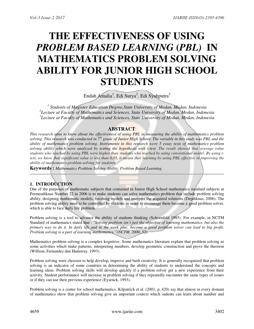 Pdf The Effectiveness Of Using Problem Based Learning Pbl In Mathematics Problem Solving Ability For Junior High School Students