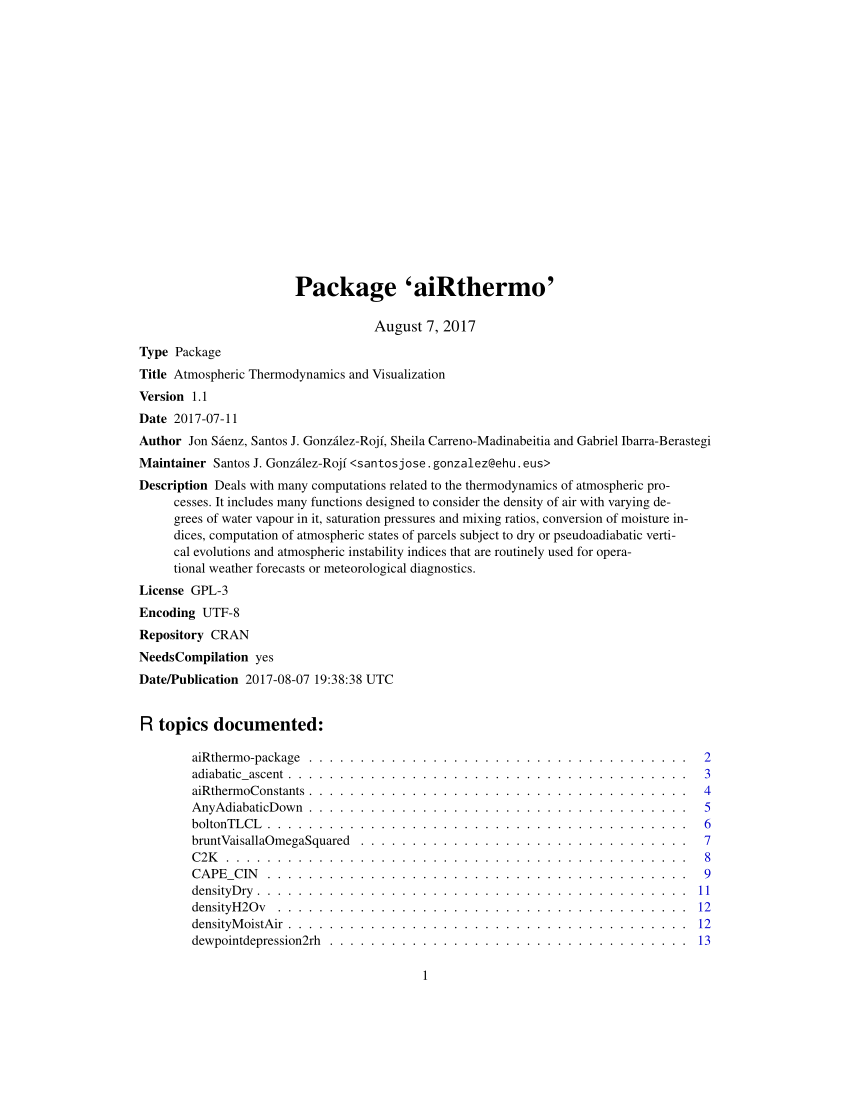 PDF) Manual for Package 'aiRthermo' (Atmospheric Thermodynamics ...