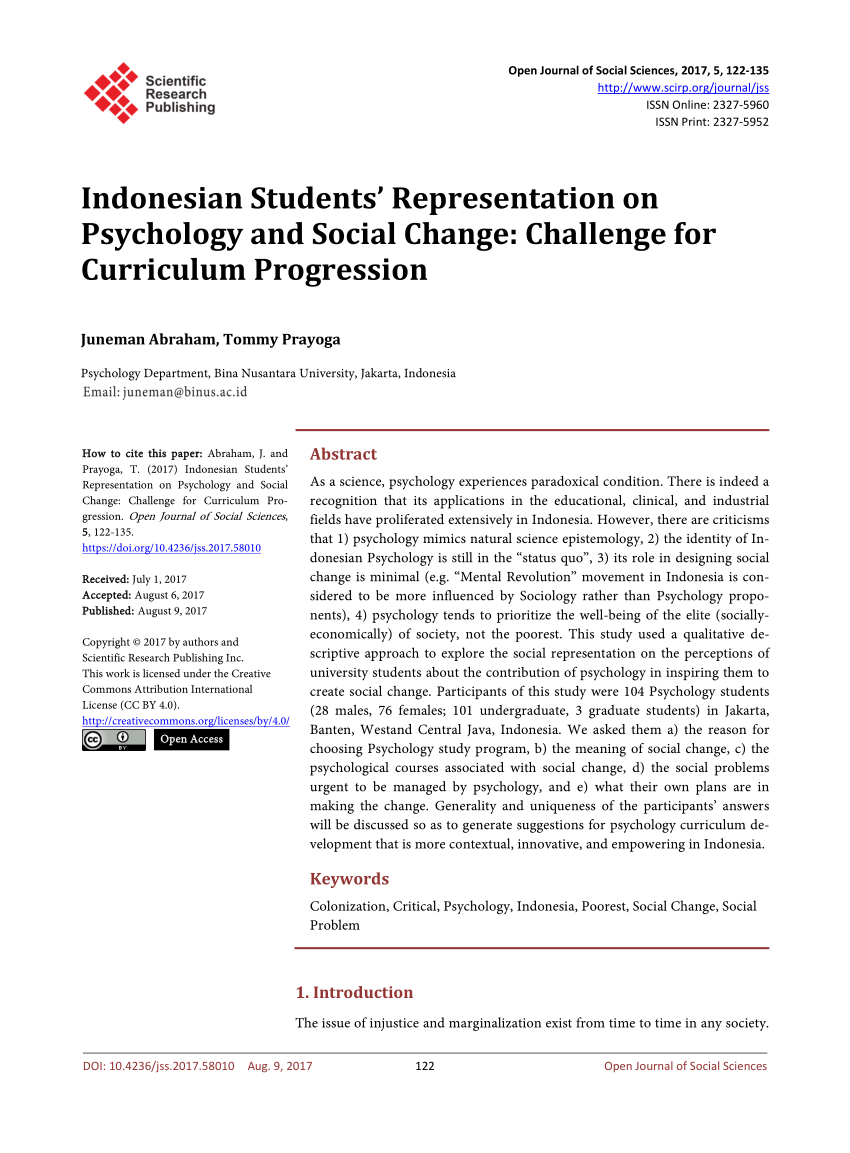pdf  indonesian students u2019 representation on psychology and social change  challenge for