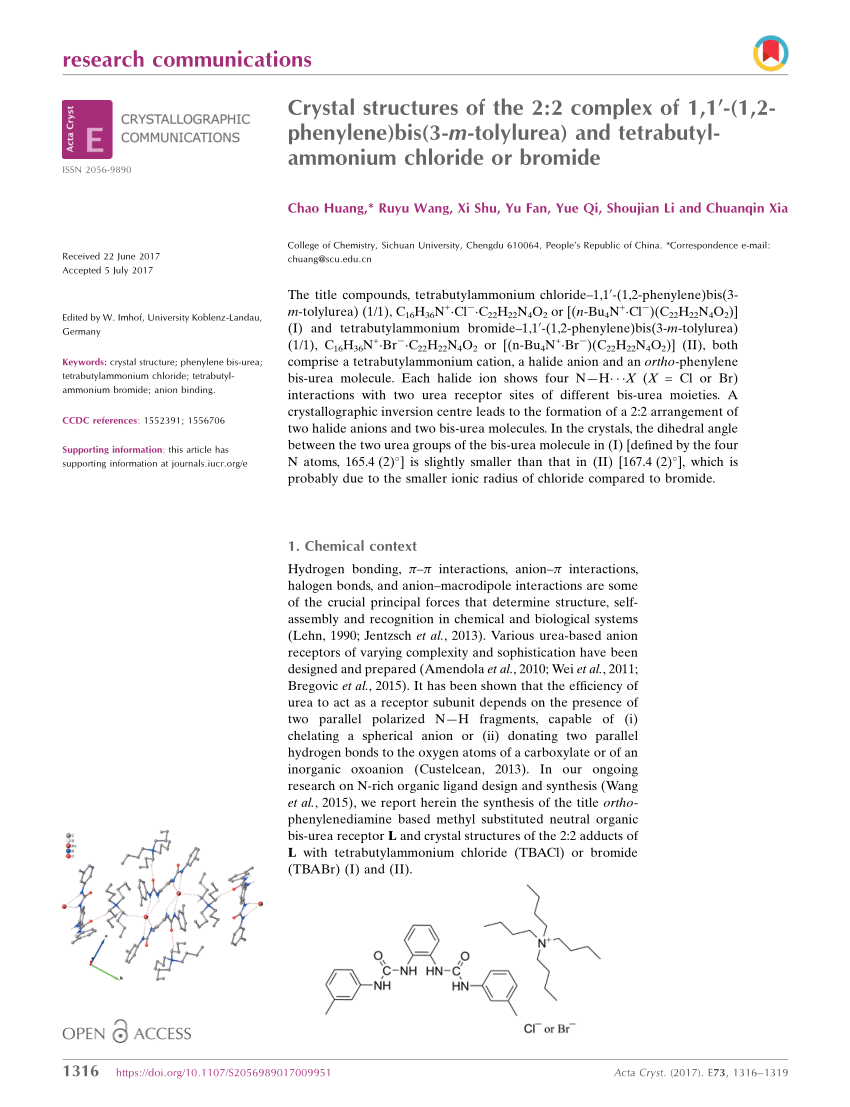Pdf rystal Structures Of The 2 2 Complex Of 1 10 1 2 Phenylene Bis 3 M Tolylurea And Tetrabutylammonium Chloride Or Bromide