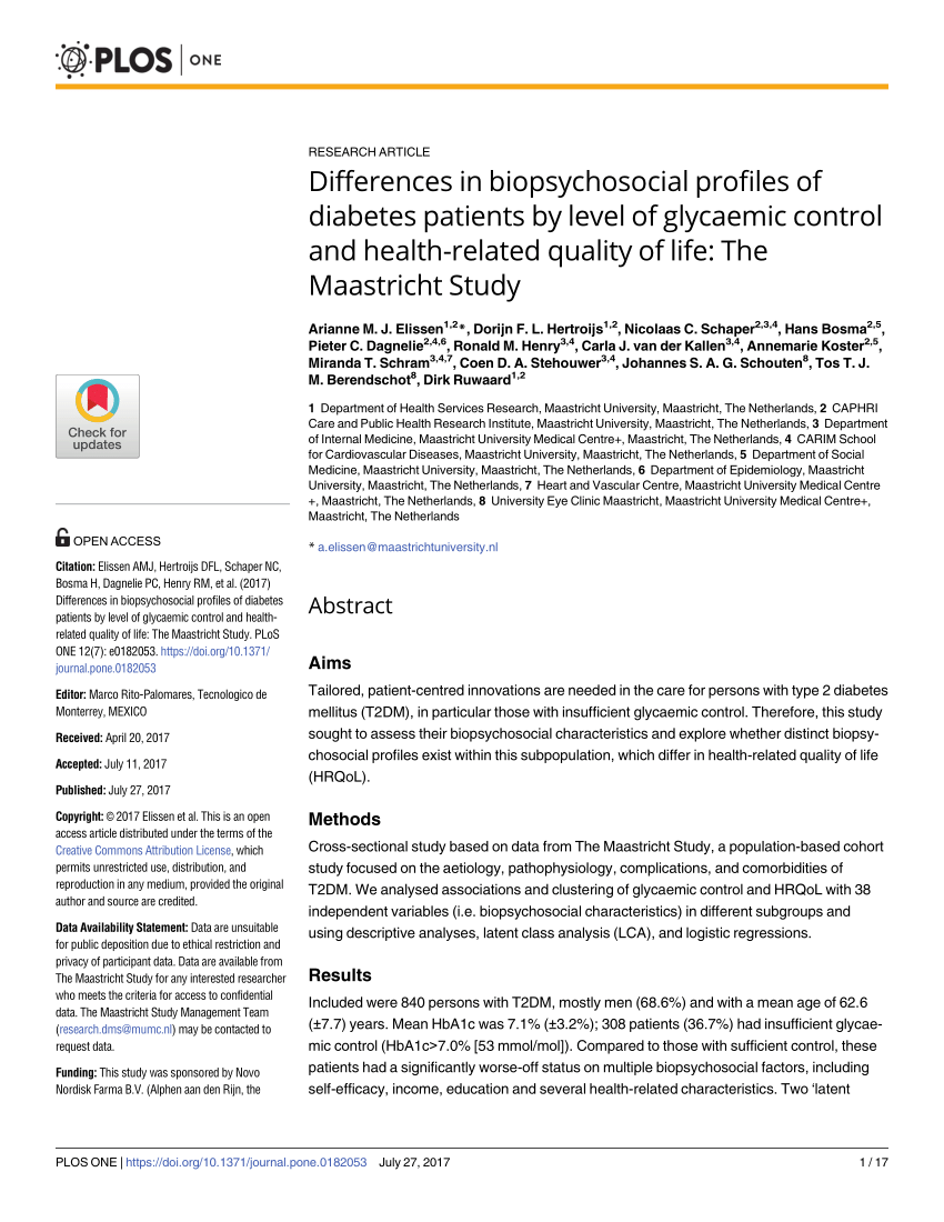 Pdf Differences In Biopsychosocial Profiles Of Diabetes Patients By Level Of Glycaemic Control And Health Related Quality Of Life The Maastricht Study