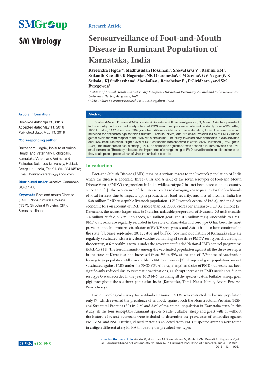 PDF) Serosurveillance of Foot-and-Mouth Disease in Ruminant Population of  Karnataka, India