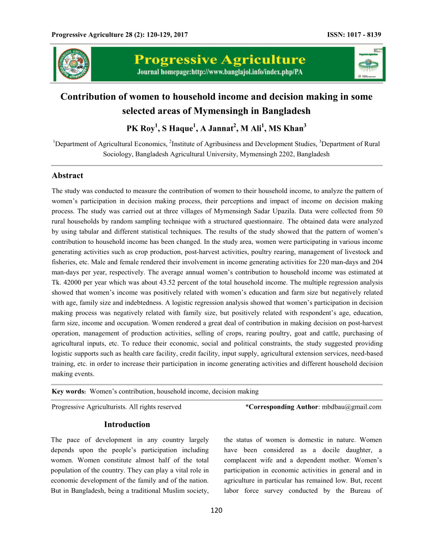 (PDF) Contribution of women to household income and decision making in ...