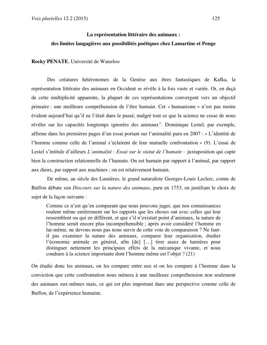 Pdf La Representation Litteraire Des Animaux Des Limites Langagieres Aux Possibilites Poetiques Chez Lamartine Et Ponge