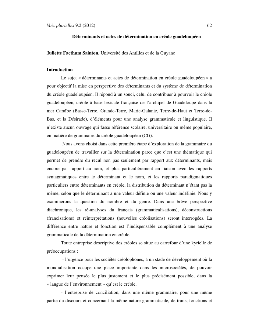 Pdf Determinants Et Actes De Determination En Creole Guadeloupeen