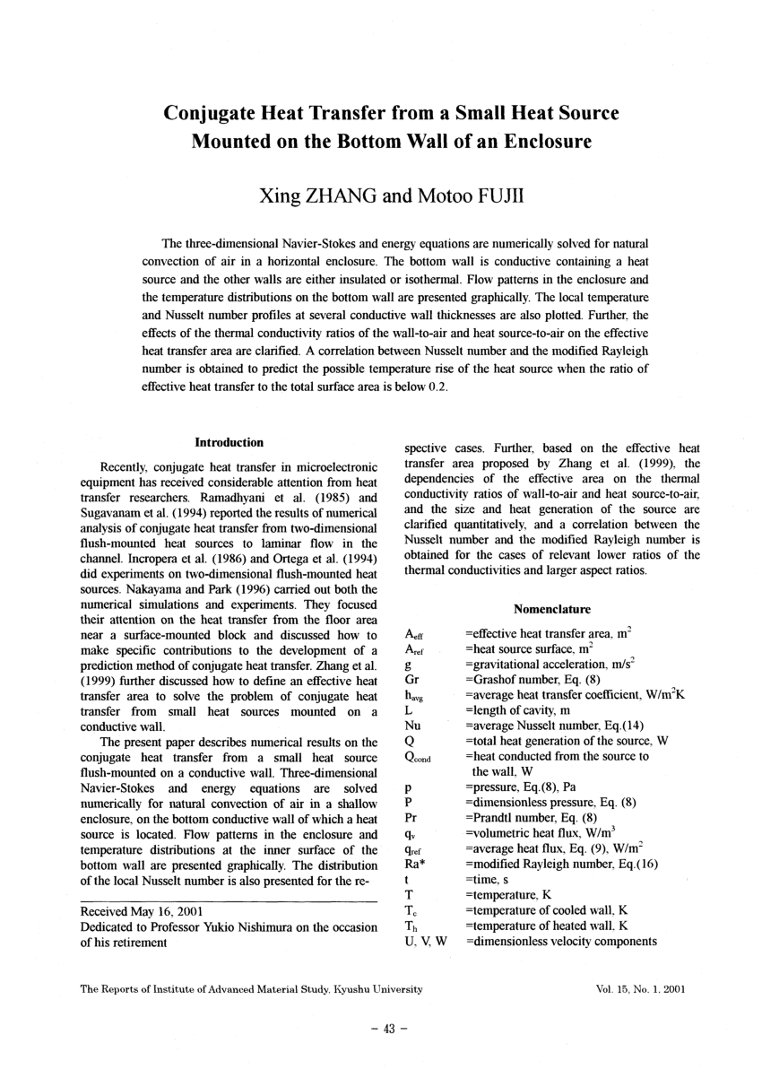 Pdf Conjugate Heat Transfer From A Small Heat Source Mounted On The Bottom Wall Of An Enclosure