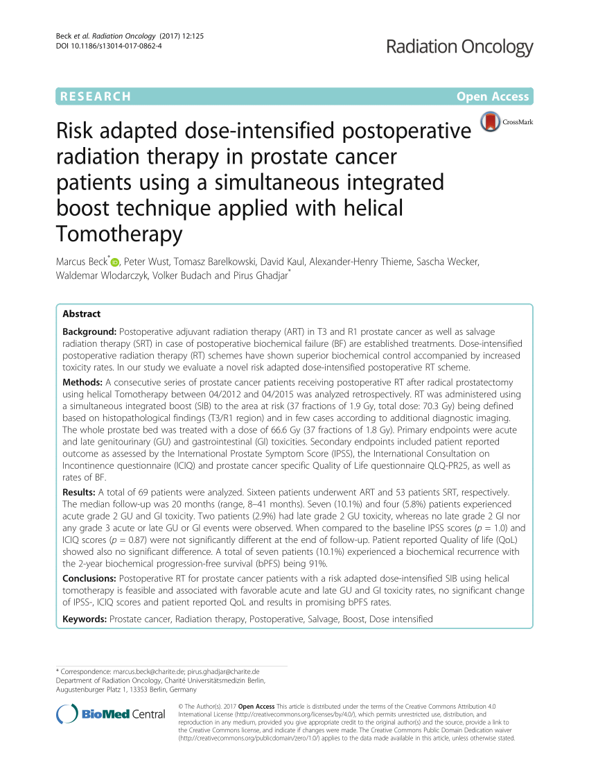 Pdf Risk Adapted Dose Intensified Postoperative Radiation Therapy In Prostate Cancer Patients 5171