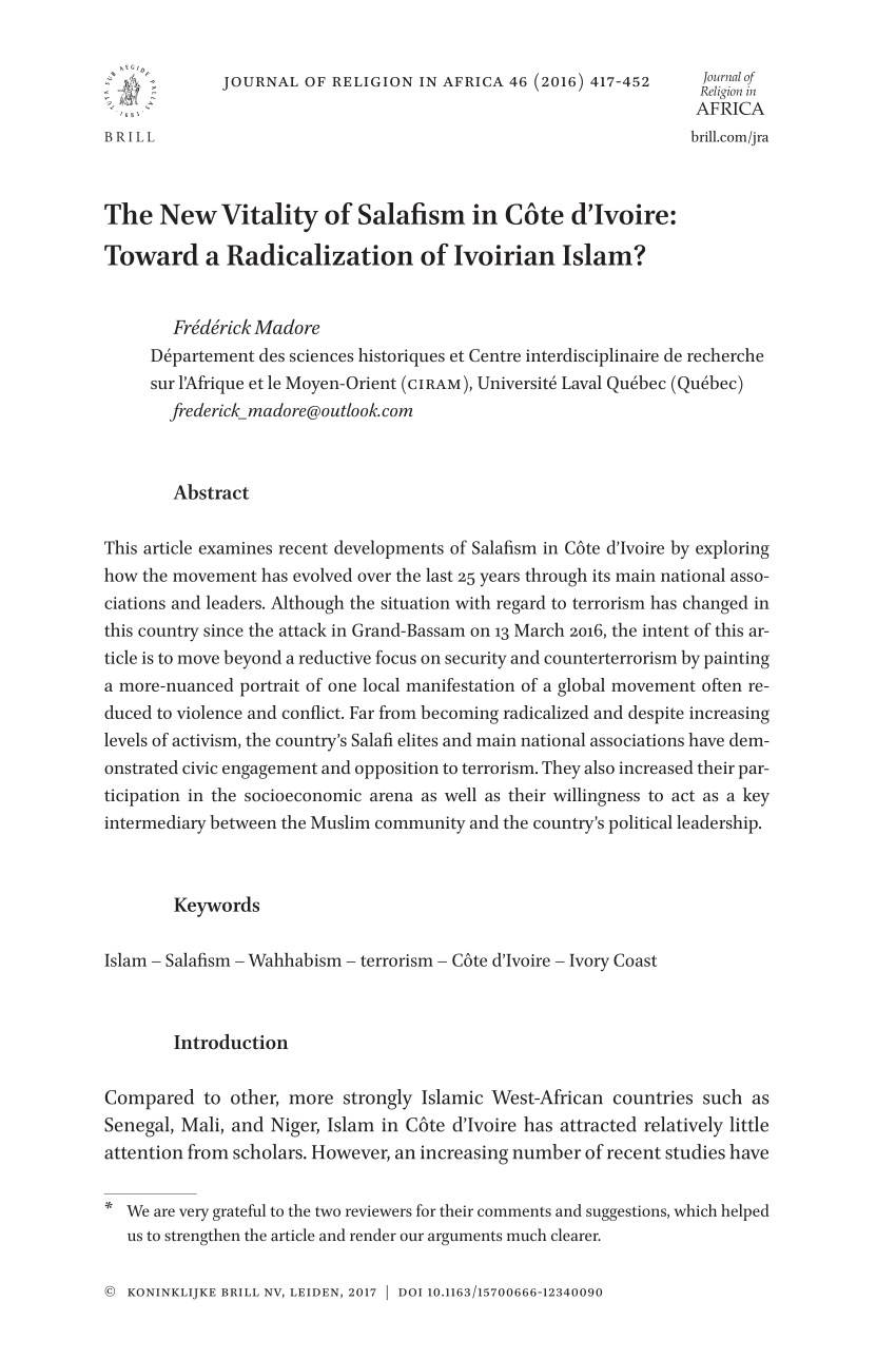 Pdf The New Vitality Of Salafism In Cote D Ivoire Toward A Radicalization Of Ivoirian Islam