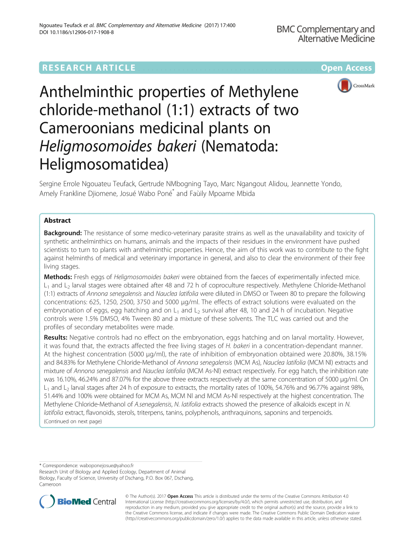 Pdf Anthelminthic Properties Of Methylene Chloride Methanol 1 1 Extracts Of Two Cameroonians Medicinal Plants On Heligmosomoides Bakeri Nematoda Heligmosomatidea