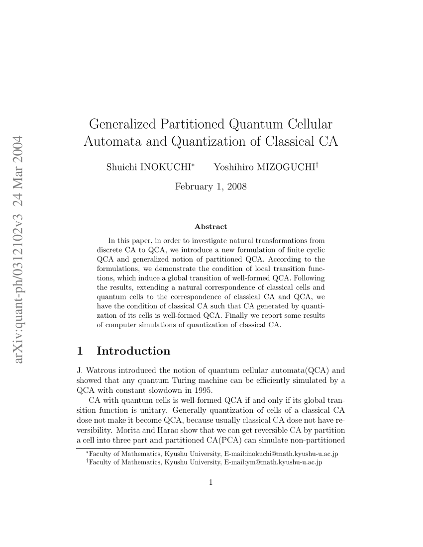 Pdf Generalized Partitioned Quantum Cellular Automata And Quantization Of Classical Ca
