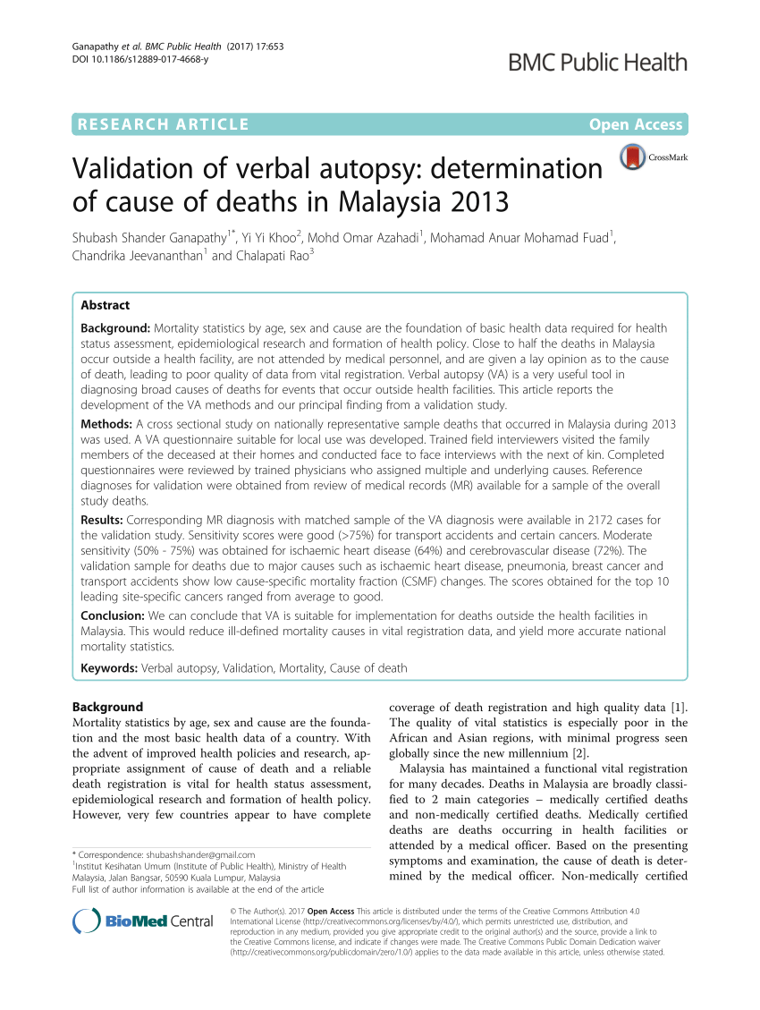 Pdf Validation Of Verbal Autopsy Determination Of Cause Of Deaths In Malaysia 2013