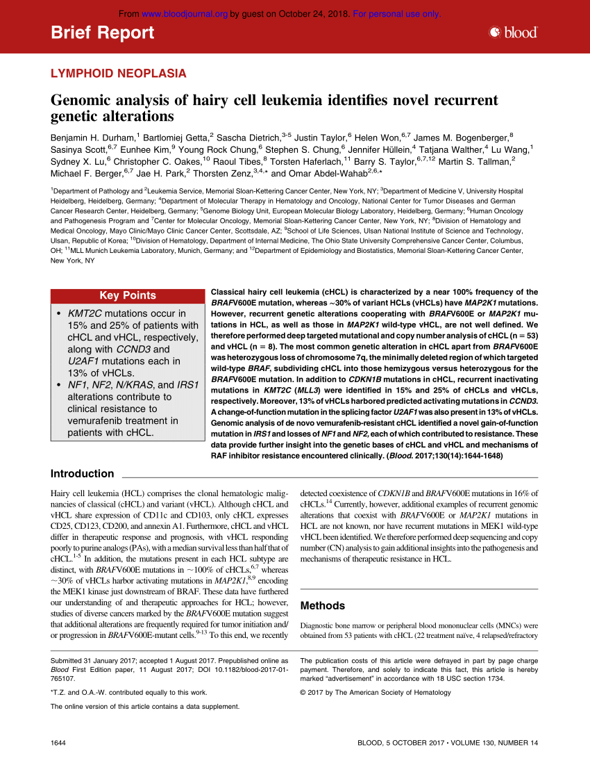 Pdf Genomic Analysis Of Hairy Cell Leukemia Identifies Novel Recurrent Genetic Alterations 