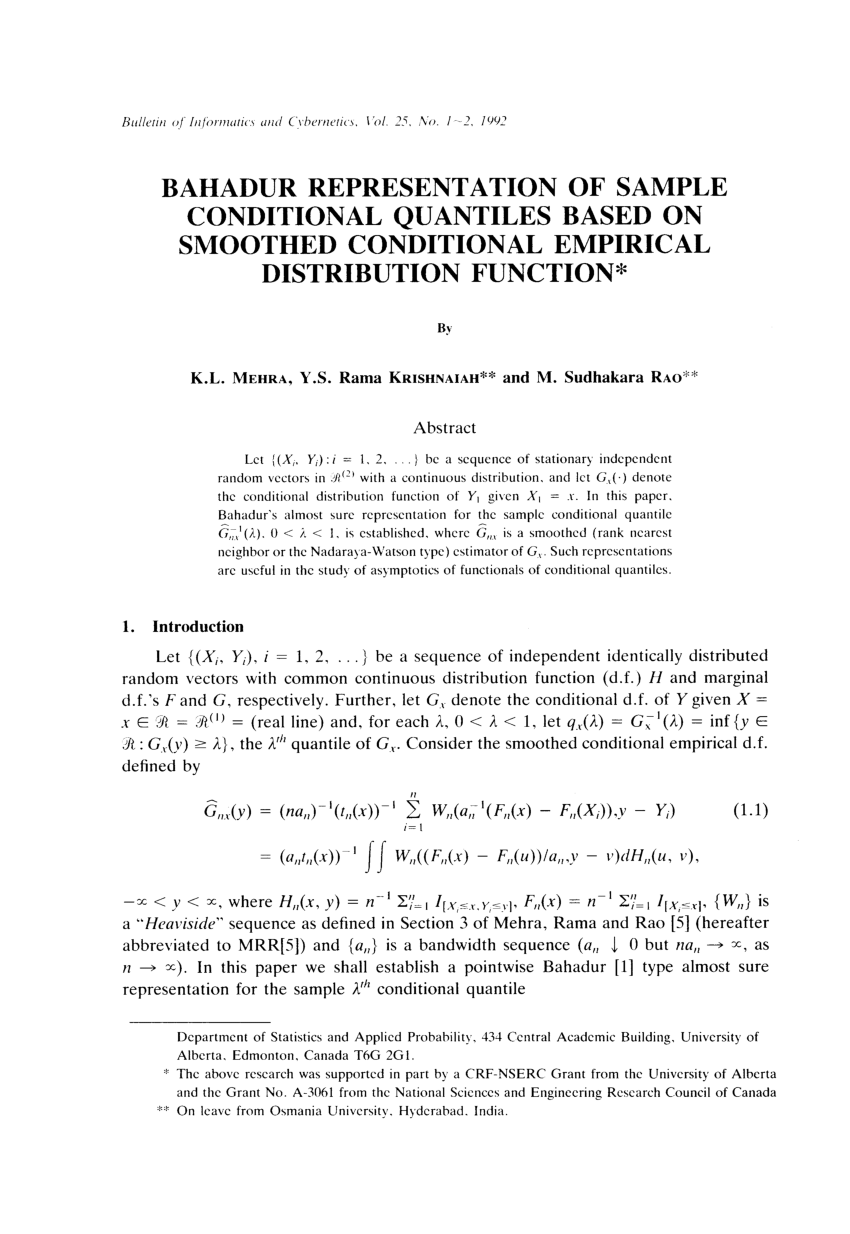 Pdf Bahadur Representation Of Sample Conditional Quantiles Based On Smoothed Conditional Empirical Distribution Function