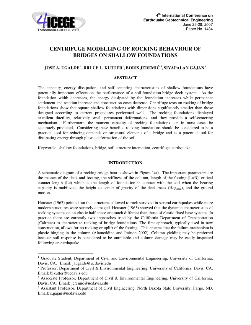 (PDF) Centrifuge modeling of rocking behavior of bridges on shallow