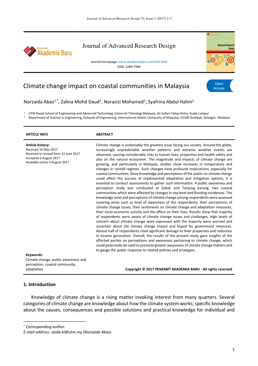 Pdf Climate Change Impact On Coastal Communities In Malaysia