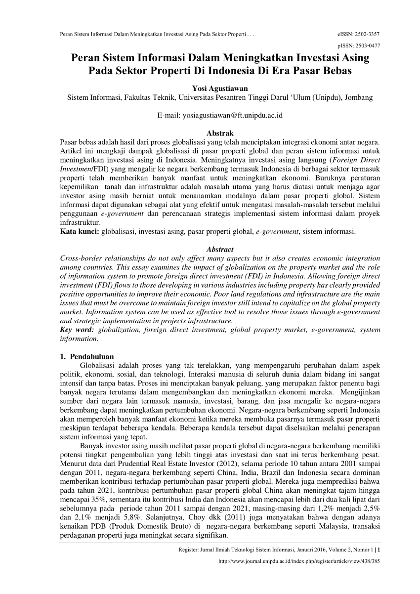 Pdf Peran Sistem Informasi Dalam Meningkatkan Investasi Asing Pada Sektor Properti Di 5093