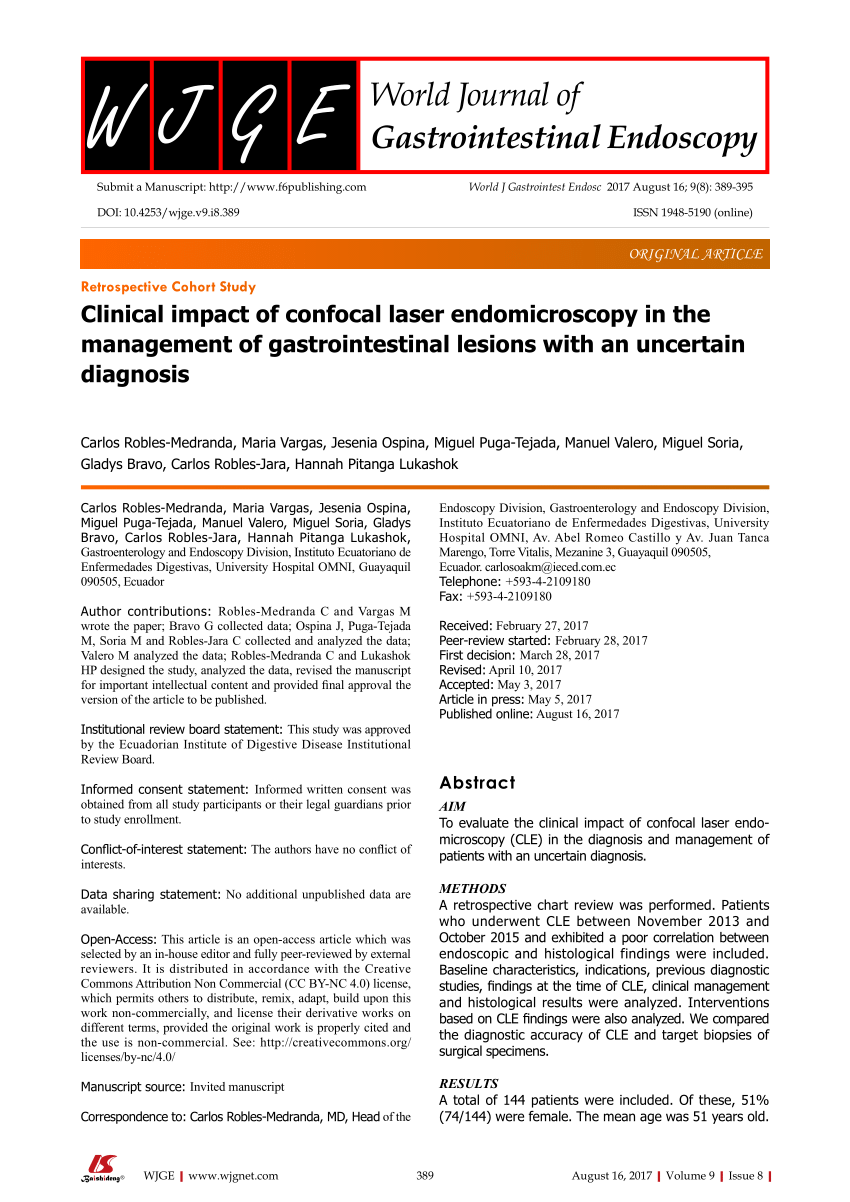 Pdf Clinical Impact Of Confocal Laser Endomicroscopy In The Management Of Gastrointestinal Lesions With An Uncertain Diagnosis