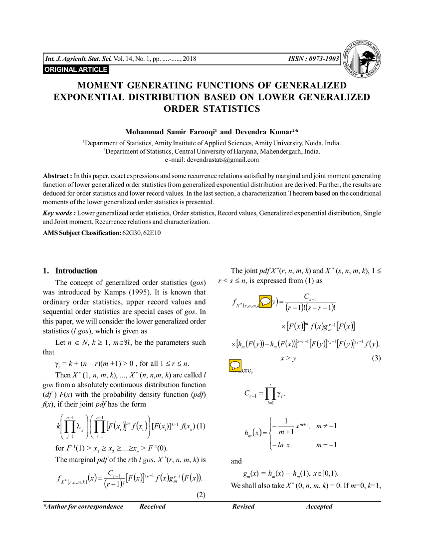 Pdf Moment Generating Functions Of Generalized Exponential Distribution Based On Lower Generalized Order Statistics