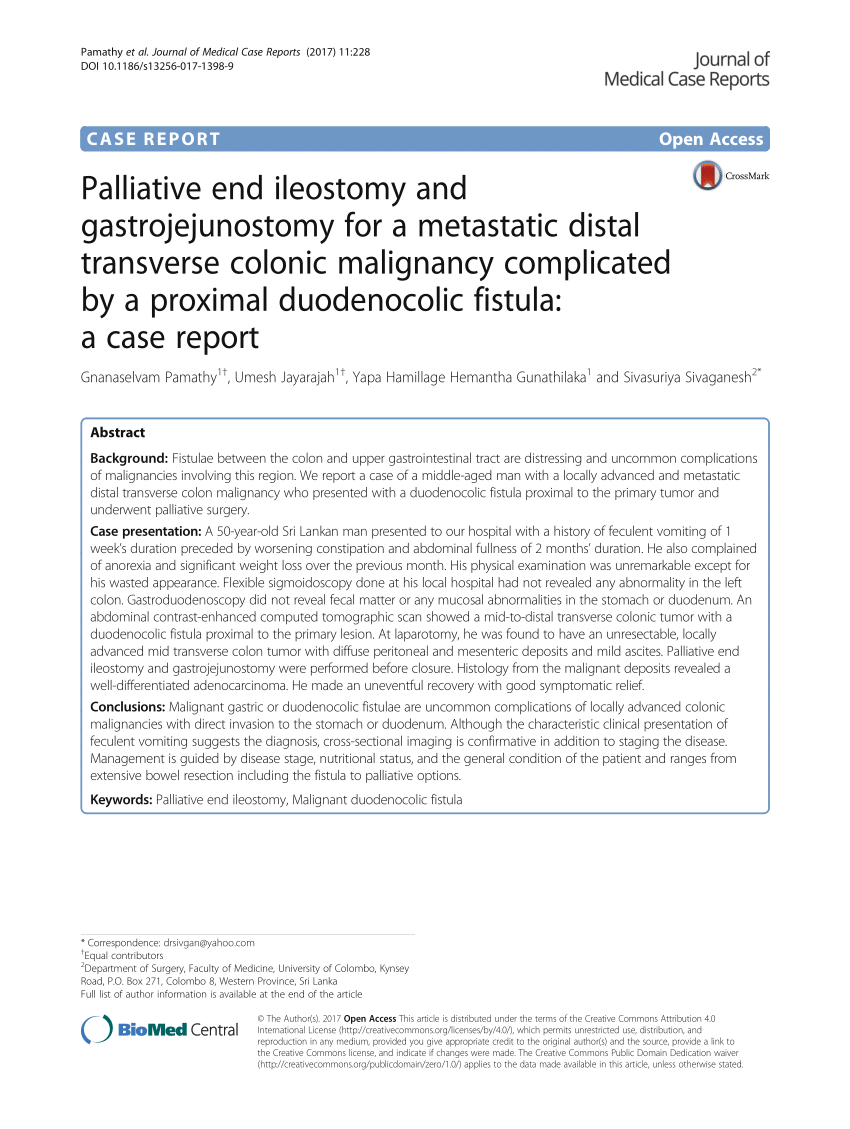 Pdf Palliative End Ileostomy And Gastrojejunostomy For A Metastatic Distal Transverse Colonic Malignancy Complicated By A Proximal Duodenocolic Fistula A Case Report