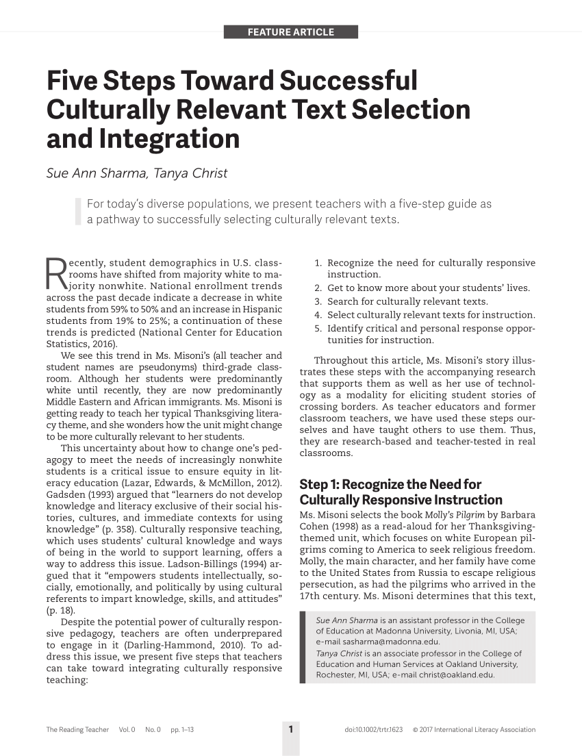 Pdf Five Steps Toward Successful Culturally Relevant Text Selection And Integration