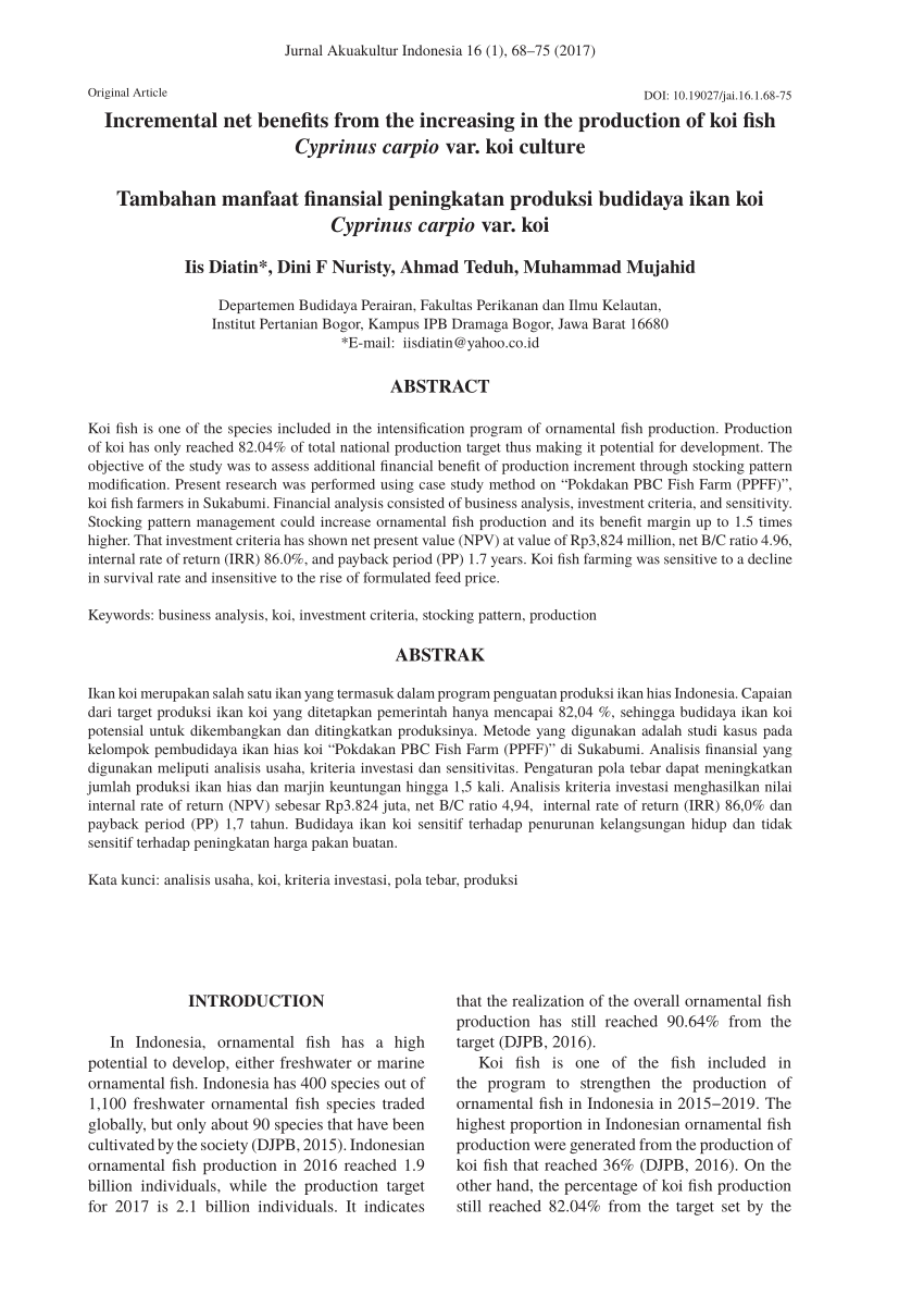 PDF) Incremental benefits from the increasing in the production of koi fish  Cyprinus carpio var. koi culture
