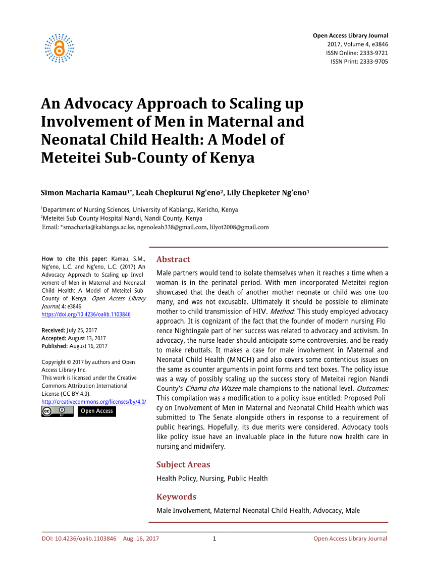 Pdf An Advocacy Approach To Scaling Up Involvement Of Men In - pdf an advocacy approach to scaling up involvement of men in maternal and neonatal child health a mo!   del of meteitei sub county of kenya