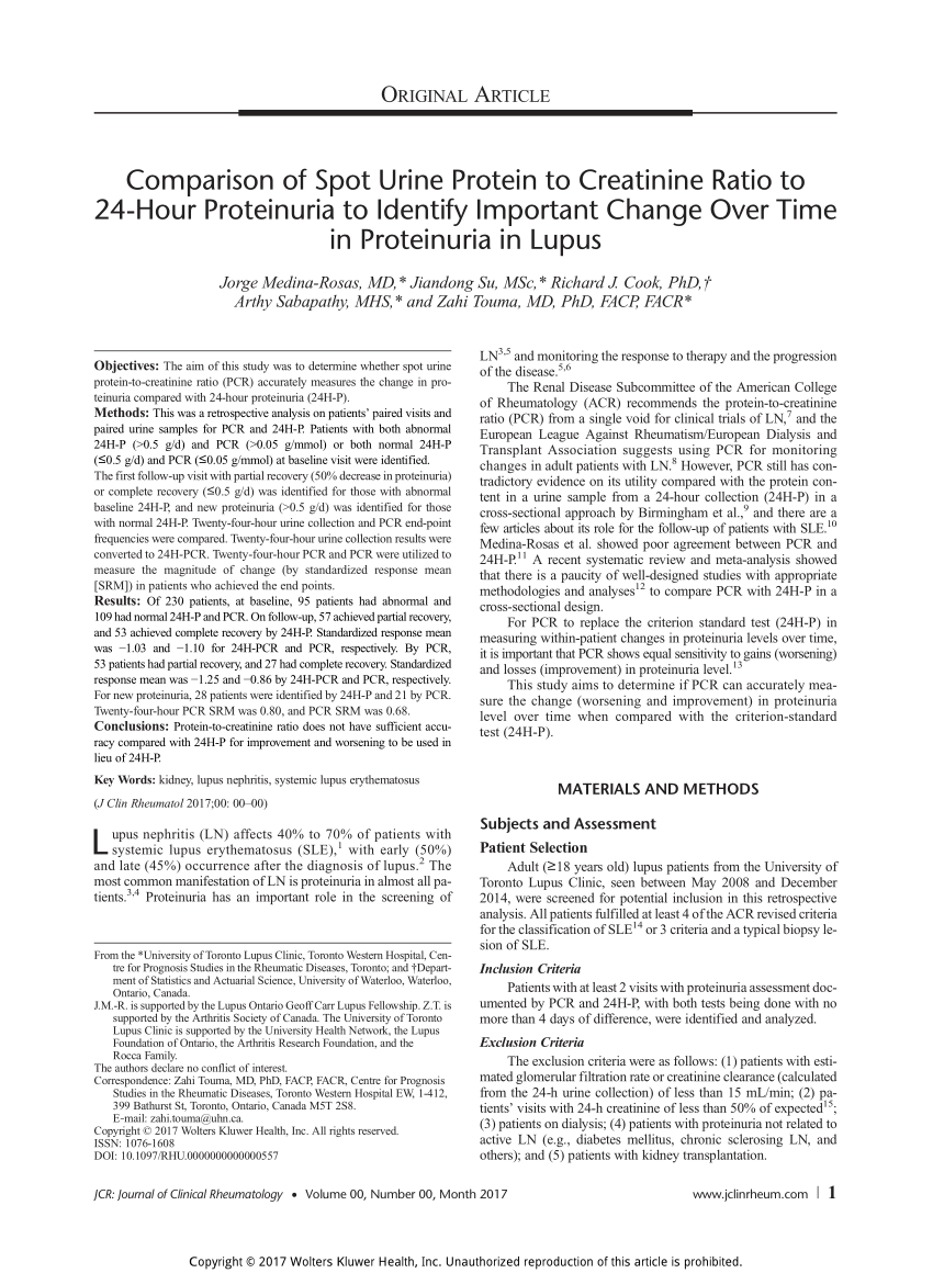 (PDF) Comparison of Spot Urine Protein to Creatinine Ratio