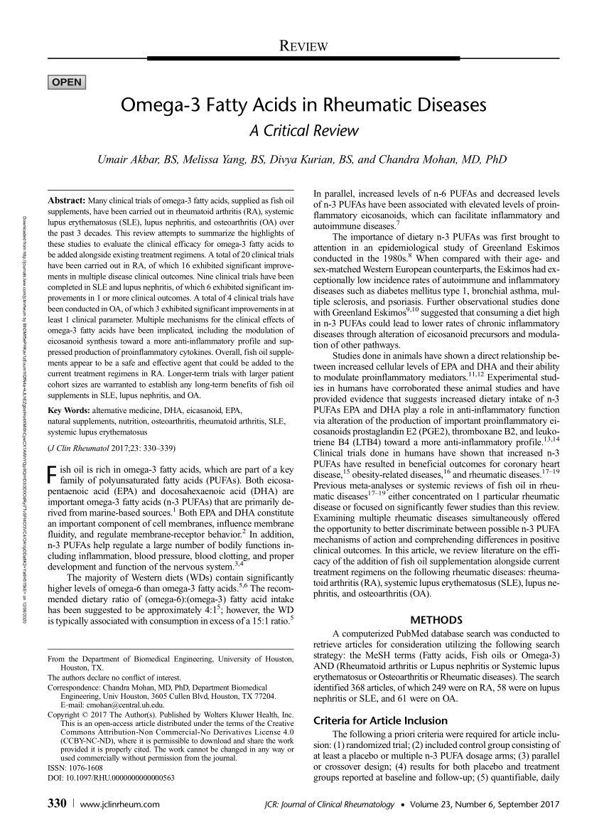 PDF Omega 3 Fatty Acids in Rheumatic Diseases A Critical Review