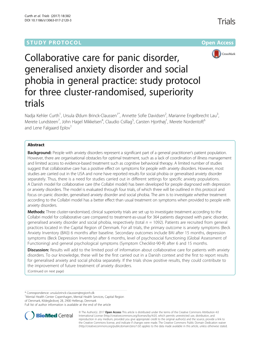 Collaborative care for panic disorder, generalised anxiety disorder and social phobia in general practice: Study protocol for cluster-randomised, superiority trials
