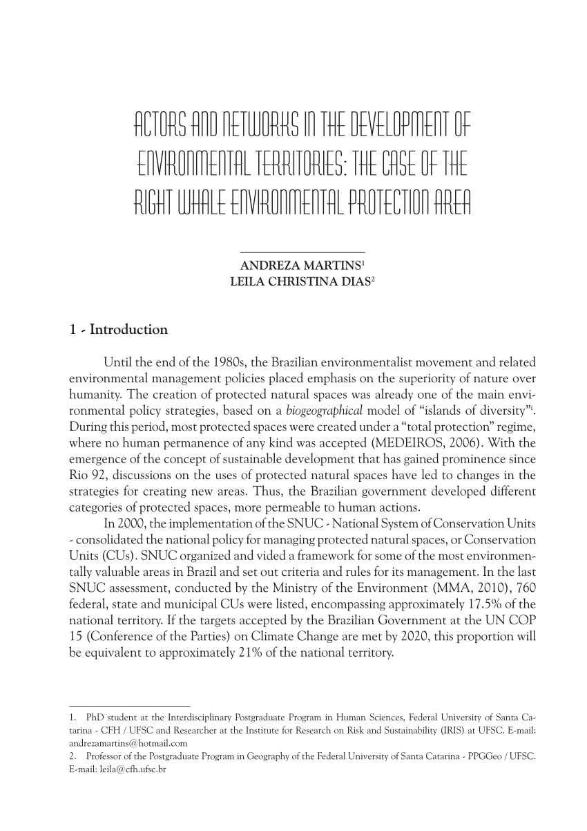 Pdf Actors And Networks In The Development Of Environmental Territories The Case Of The Right Whale Environmental Protection Area