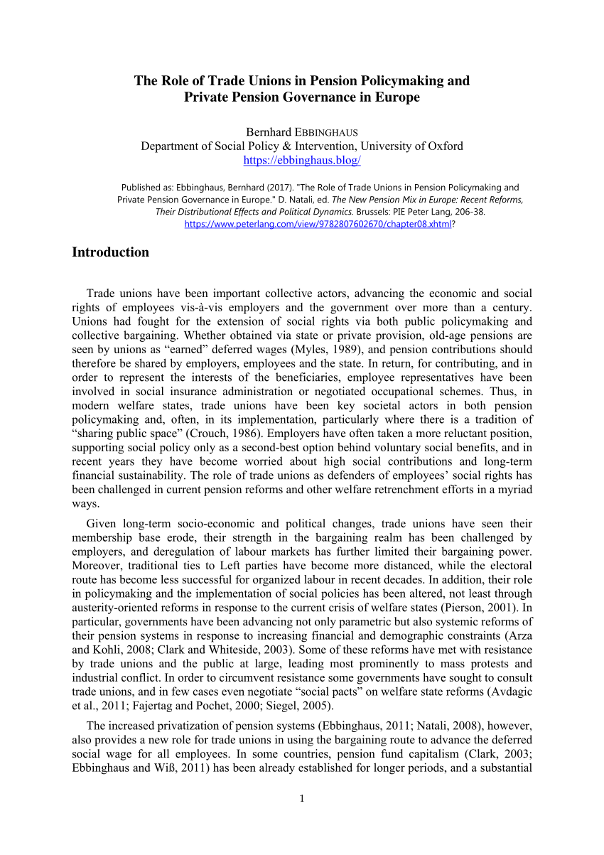 Pdf The Role Of Trade Unions In Pension Policymaking And Private Pension Governance In Europe