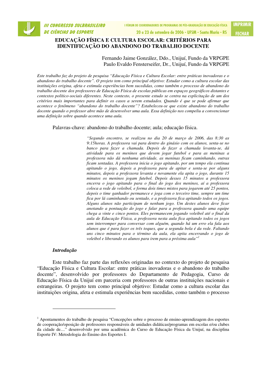 PDF) A atuação docente em educação física escolar: Um olhar a