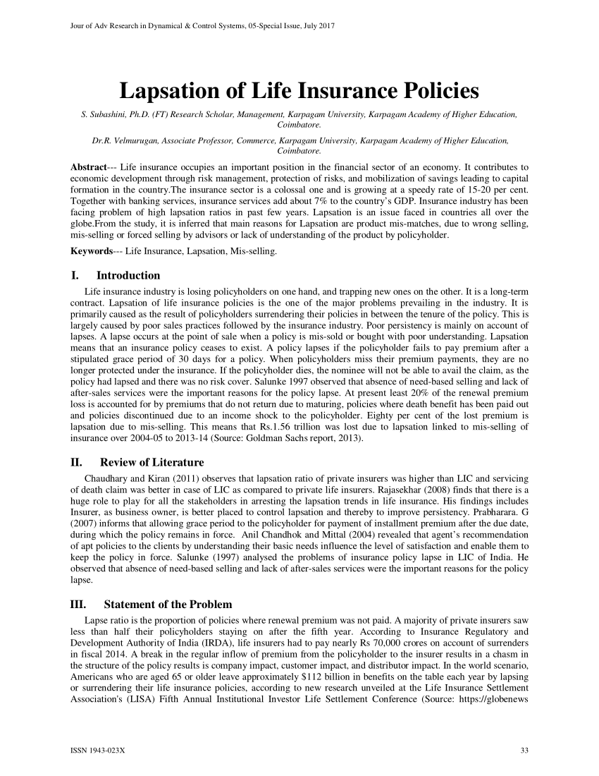 (PDF) Lapsation of Life Insurance Policies