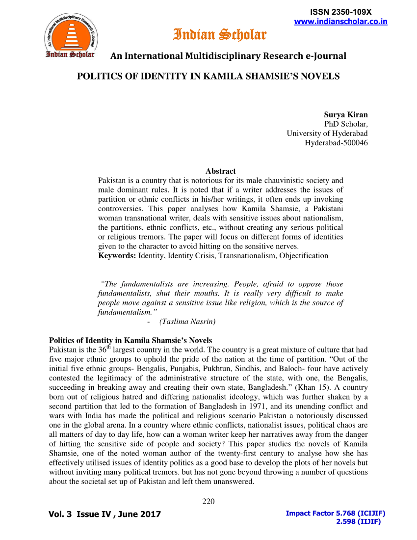 Pdf Politics Of Identity In Kamila Shamsie S Novels