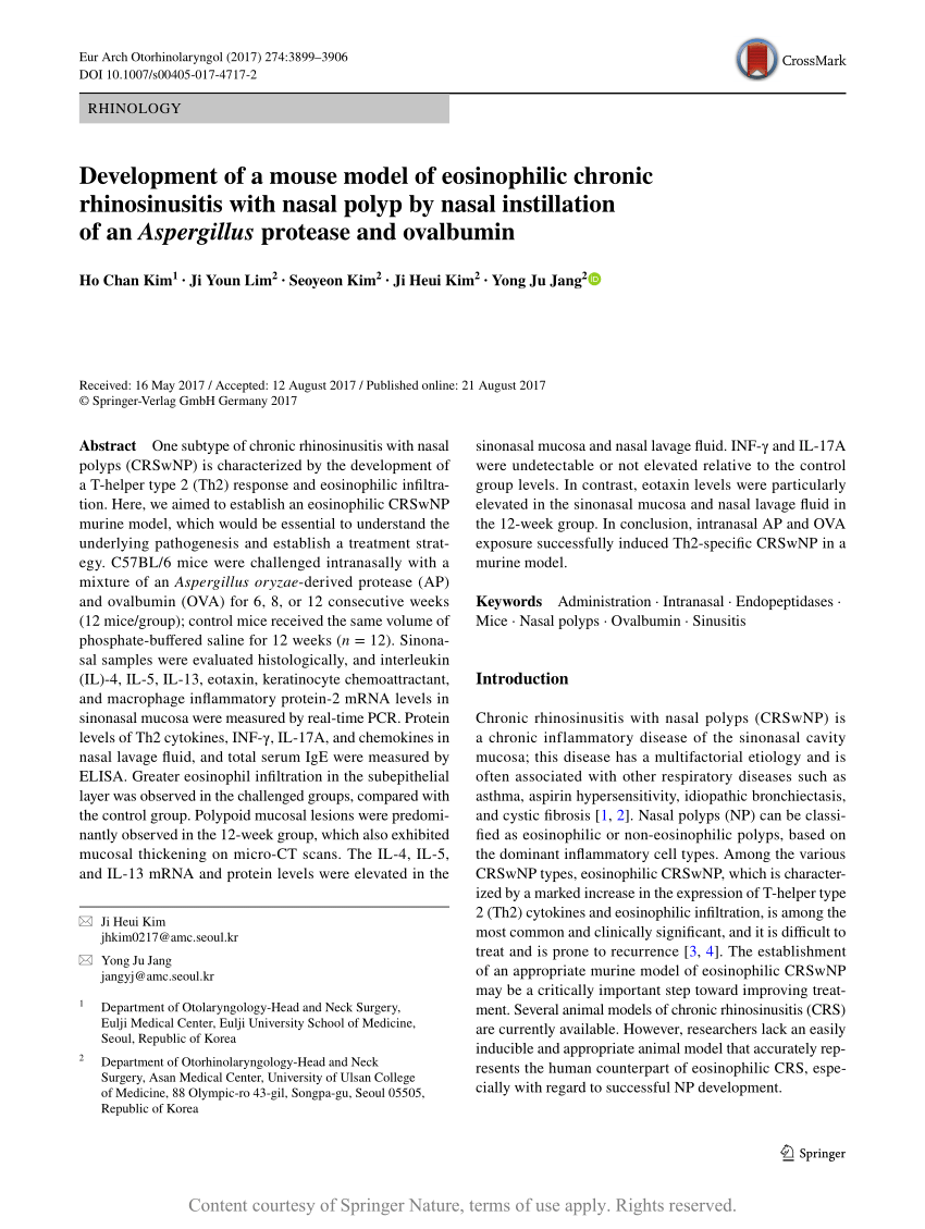 Development of a mouse model of eosinophilic chronic rhinosinusitis ...