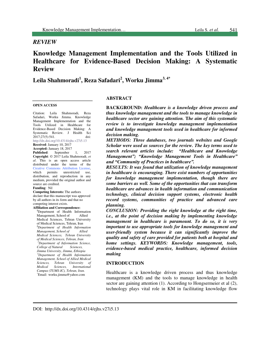 Pdf Knowledge Management Implementation And The Tools Utilized In Healthcare For Evidence Based Decision Making A Systematic Review