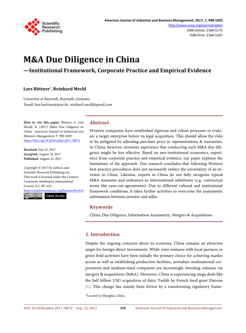 Pdf M A Due Diligence In China Institutional Framework Corporate Practice And Empirical Evidence
