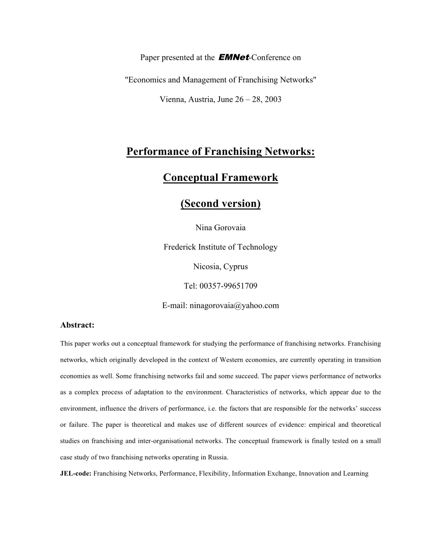 Pdf Performance Of Franchising Networks Conceptual Framework