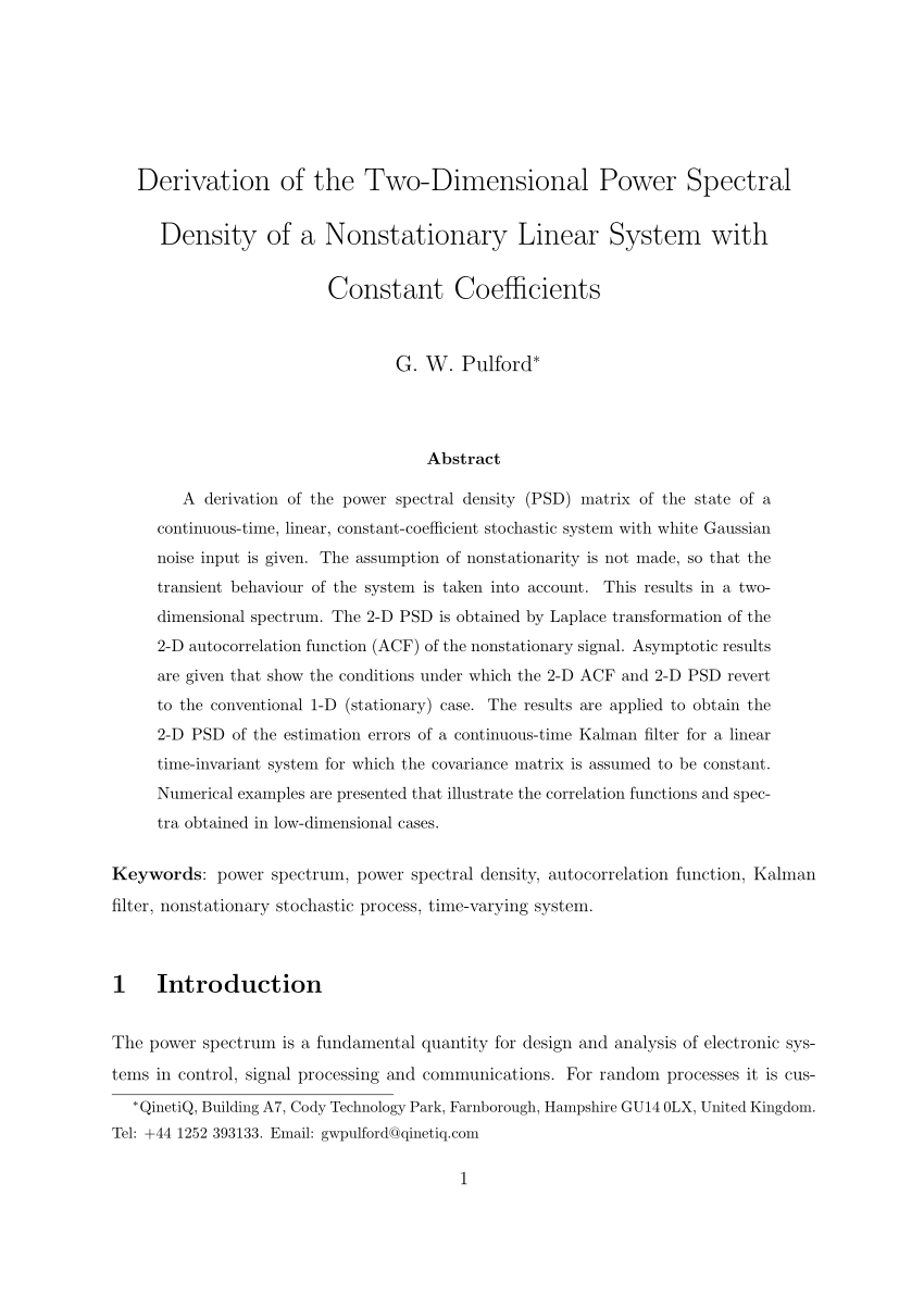 Pdf Derivation Of The Two Dimensional Power Spectral Density Of A Nonstationary Linear System With Constant Coefficients