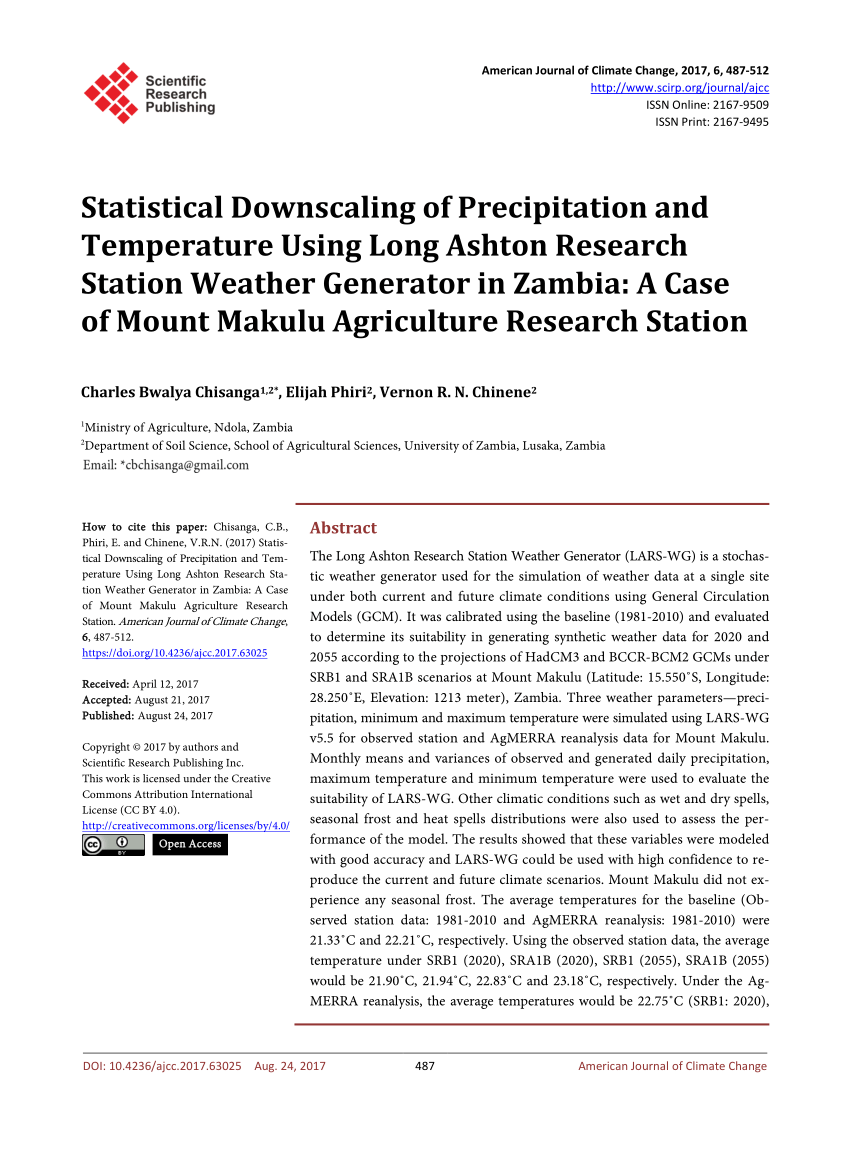 Pdf Statistical Downscaling Of Precipitation And Temperature Using Long Ashton Research Station Weather Generator In Zambia A Case Of Mount Makulu Agriculture Research Station