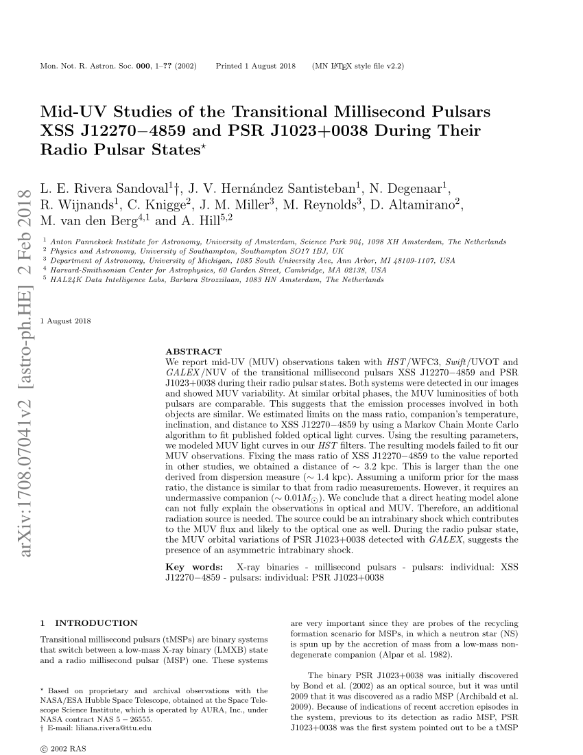 Pdf Mid Uv Studies Of The Transitional Millisecond Pulsars Xss