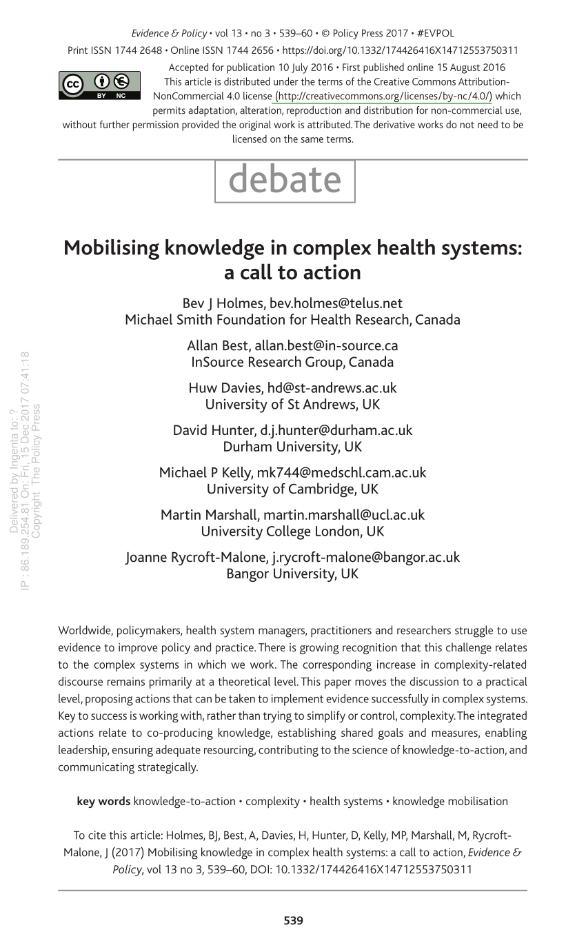 Pdf Mobilising Knowledge In Complex Health Systems A Call To Action