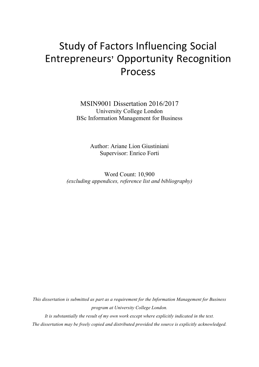 Pdf Study Of Factor Influencing Social Entrepreneur Opportunity Recognition Process Dissertation On Entrepreneurship 