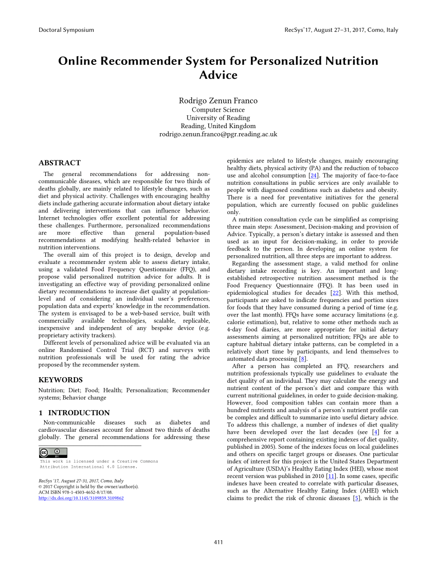 PDF) Online Recommender System for Personalized Nutrition Advice