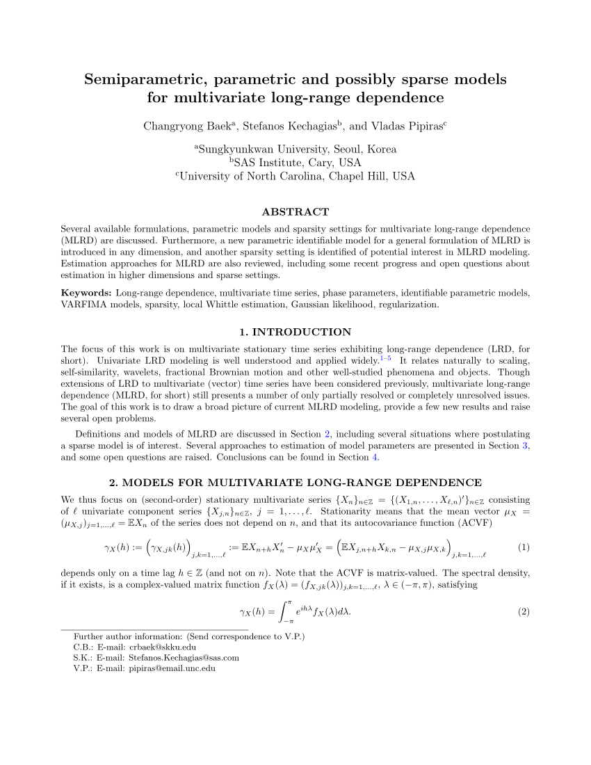 Pdf Semiparametric Parametric And Possibly Sparse Models For Multivariate Long Range Dependence