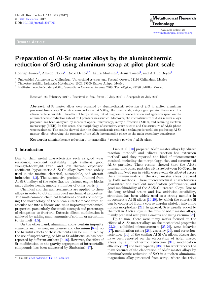 Pdf Preparation Of Al Sr Master Alloys By The Aluminothermic Reduction Of Sro Using Aluminum Scrap At Pilot Plant Scale