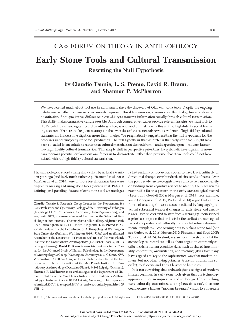 Pdf Early Stone Tools And Cultural Transmission Resetting The Null Hypothesis